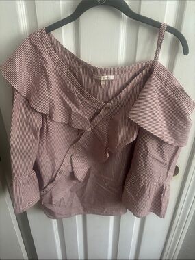 Skies Are Blue Mauve-Pink Striped Ruffle Off-Shoulder Top